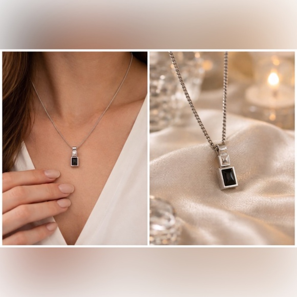 Vintage Liz Claiborne silver tone necklace w/geometric pendant, glossy-stones 🖤🤎